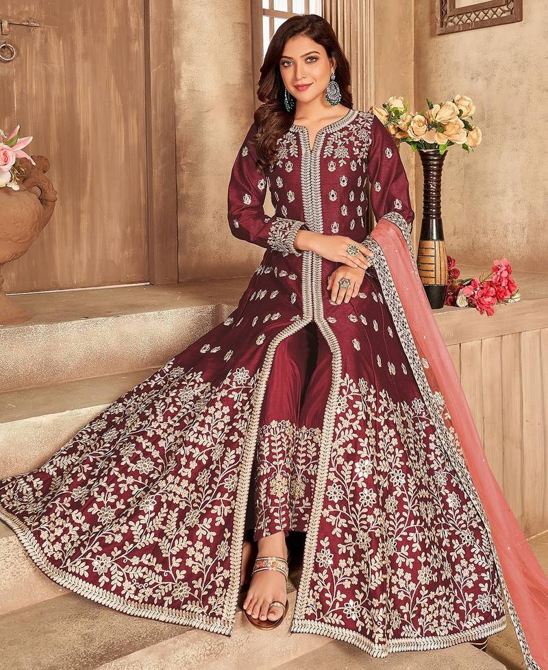 Maroon art silk sequins work semi stitched size up to 42 salwar suits