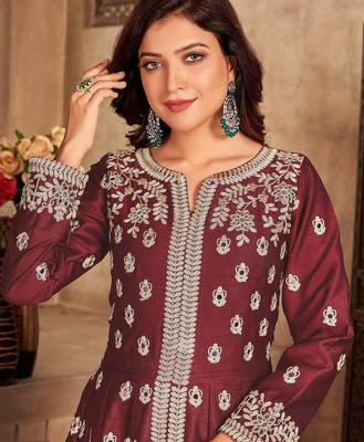 Maroon art silk sequins work semi stitched size up to 42 salwar suits 2