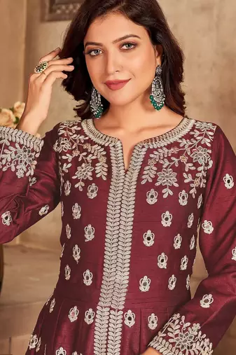 Maroon art silk sequins work semi stitched size up to 42 salwar suits