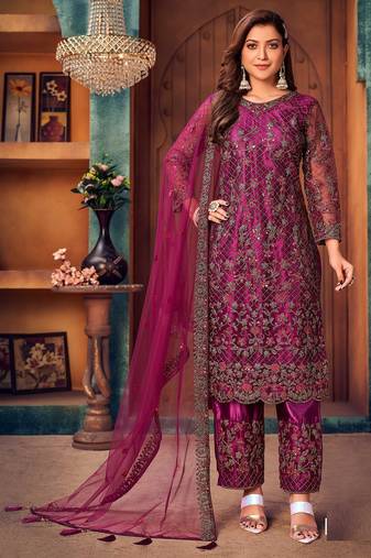 Wine net sequins work semi stitched size up to 42 salwar suits