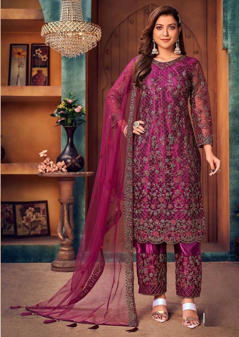 Wine net sequins work semi stitched size up to 42 salwar suits