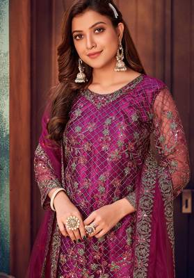 Wine net sequins work semi stitched size up to 42 salwar suits 2