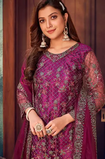Wine net sequins work semi stitched size up to 42 salwar suits
