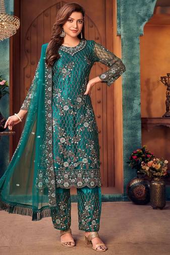 Green net sequins work semi stitched size up to 42 salwar suits