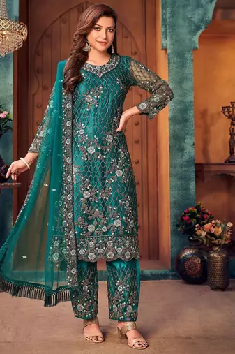 Green net sequins work semi stitched size up to 42 salwar suits
