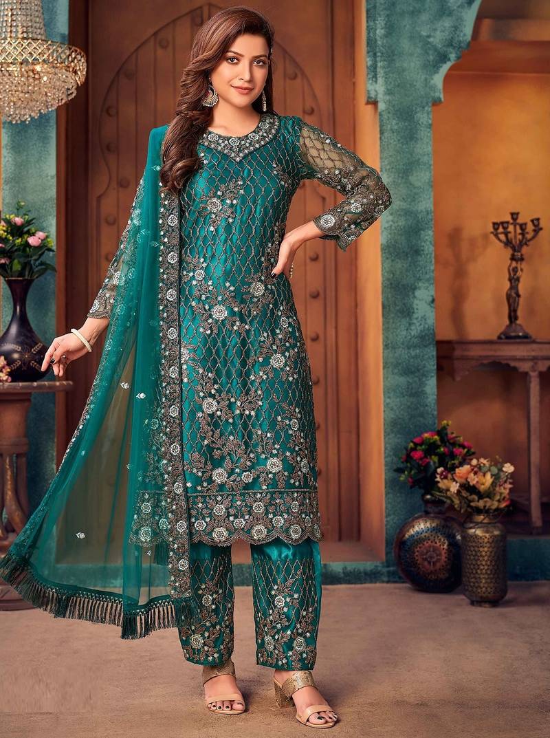Green net sequins work semi stitched size up to 42 salwar suits