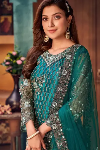 Green net sequins work semi stitched size up to 42 salwar suits