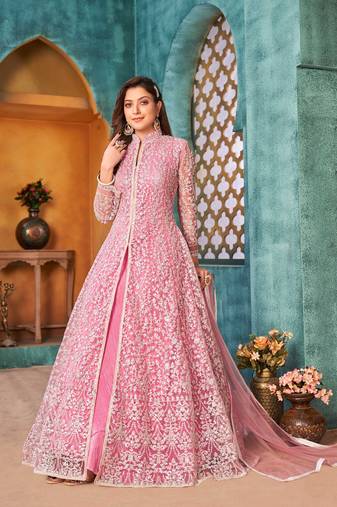 Pink net sequins work semi stitched size up to 42 salwar suits