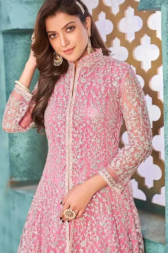 Pink net sequins work semi stitched size up to 42 salwar suits