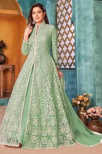 Green net sequins work semi stitched size up to 42 salwar suits