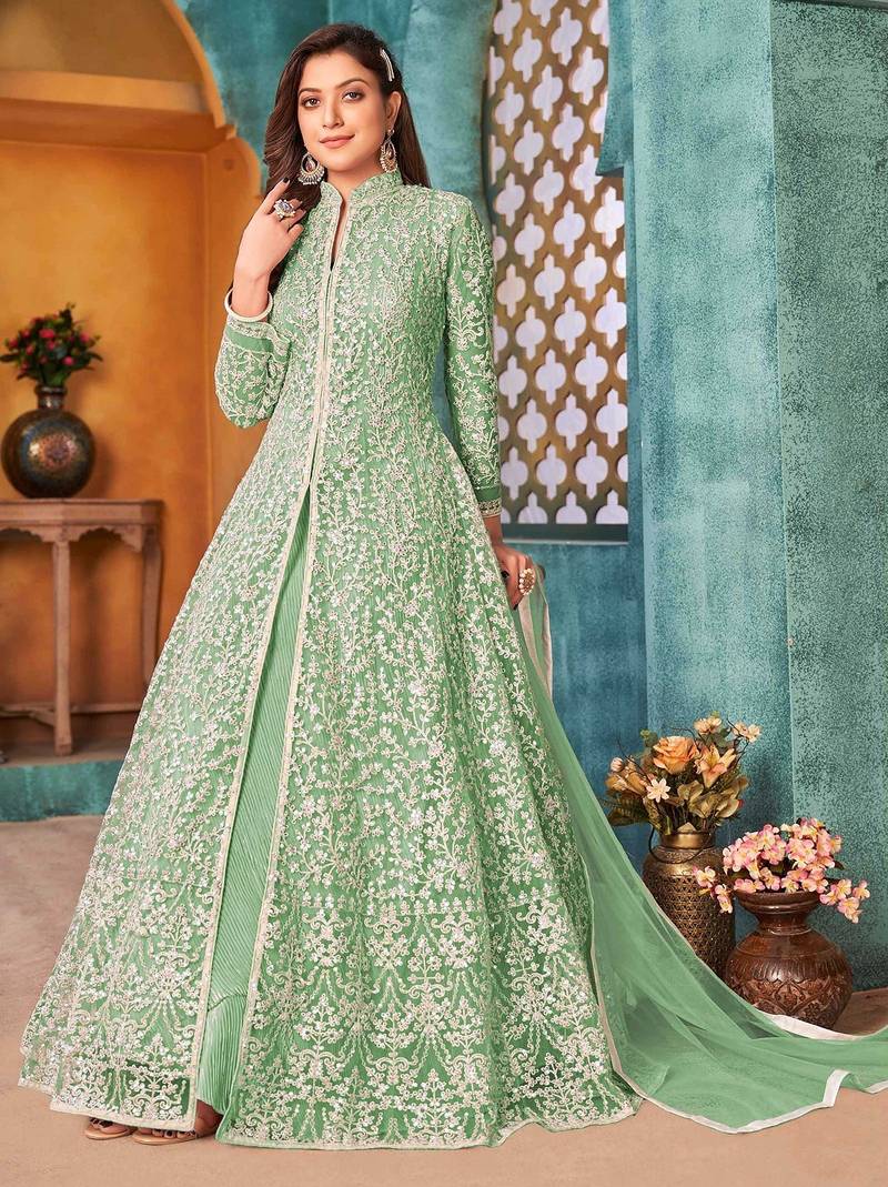 Green net sequins work semi stitched size up to 42 salwar suits