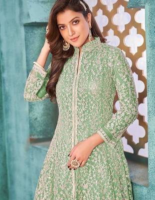 Green net sequins work semi stitched size up to 42 salwar suits 2