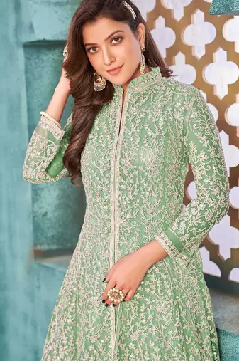 Green net sequins work semi stitched size up to 42 salwar suits