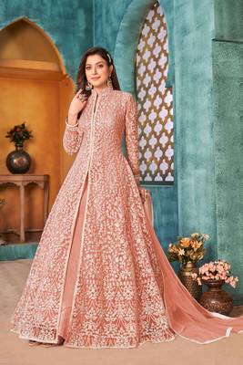 Peach net sequins work semi stitched size up to 42 salwar suits 1
