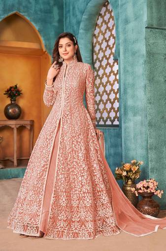 Peach net sequins work semi stitched size up to 42 salwar suits