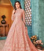 Peach net sequins work semi stitched size up to 42 salwar suits