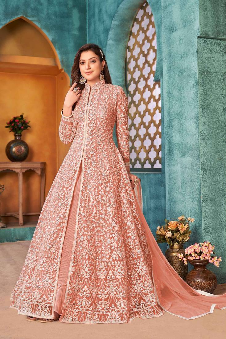 Peach net sequins work semi stitched size up to 42 salwar suits