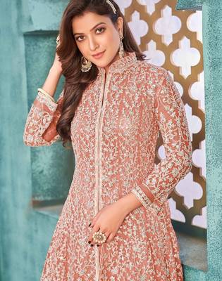 Peach net sequins work semi stitched size up to 42 salwar suits 2