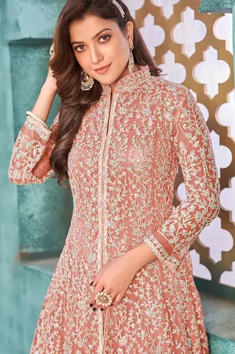 Peach net sequins work semi stitched size up to 42 salwar suits