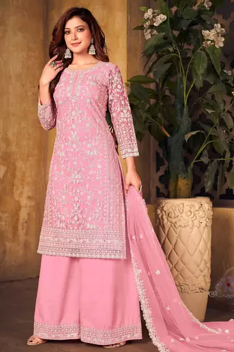 Pink net sequins work semi stitched size up to 42 salwar suits