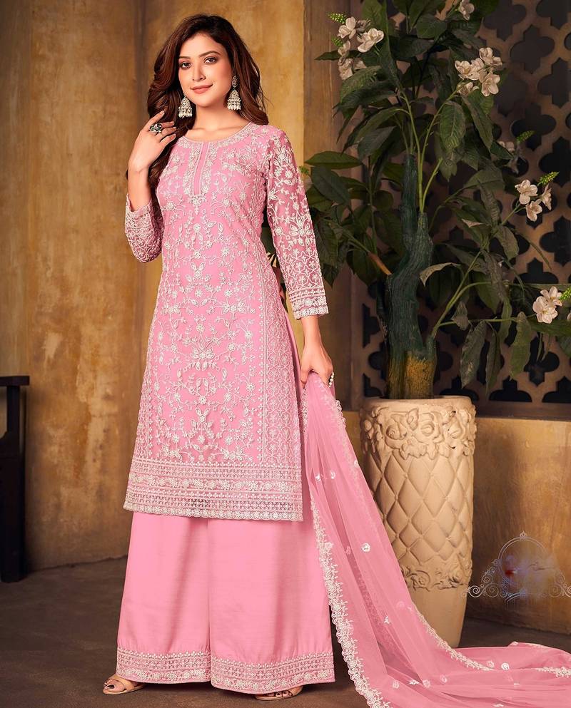 Pink net sequins work semi stitched size up to 42 salwar suits