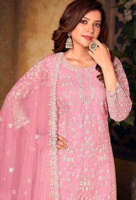 Pink net sequins work semi stitched size up to 42 salwar suits 2
