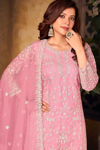 Pink net sequins work semi stitched size up to 42 salwar suits