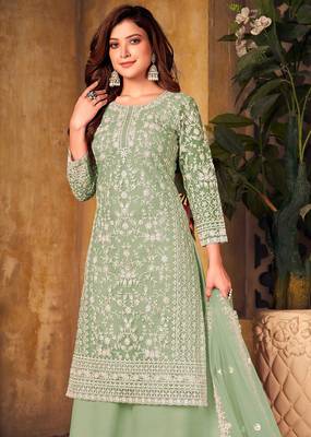 Green net sequins work semi stitched size up to 42 salwar suits 2