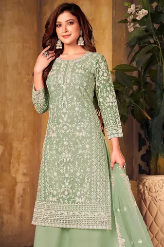 Green net sequins work semi stitched size up to 42 salwar suits