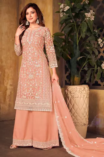 Peach net sequins work semi stitched size up to 42 salwar suits