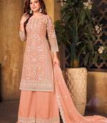 Peach net sequins work semi stitched size up to 42 salwar suits