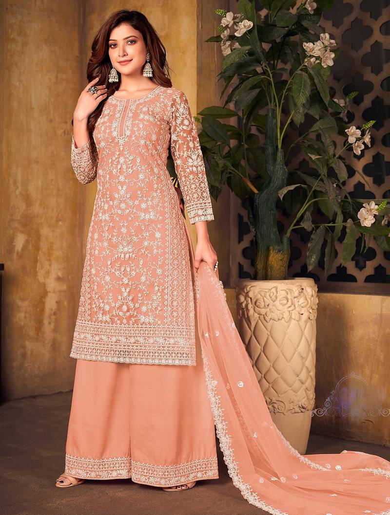 Peach net sequins work semi stitched size up to 42 salwar suits