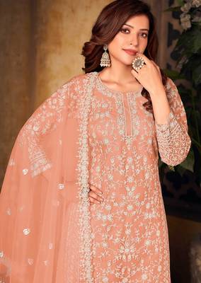 Peach net sequins work semi stitched size up to 42 salwar suits 2
