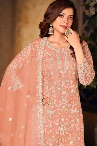 Peach net sequins work semi stitched size up to 42 salwar suits