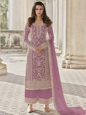 Pink net sequins work semi stitched size up to 42 salwar suits 1