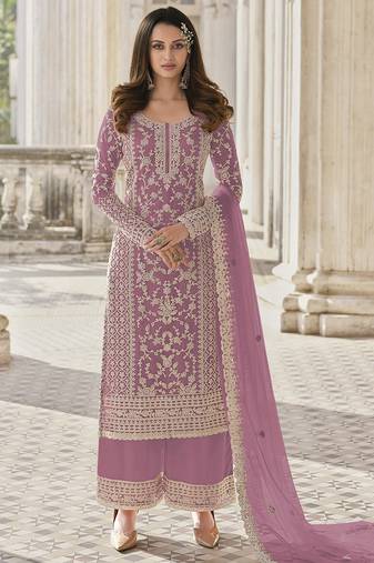 Pink net sequins work semi stitched size up to 42 salwar suits