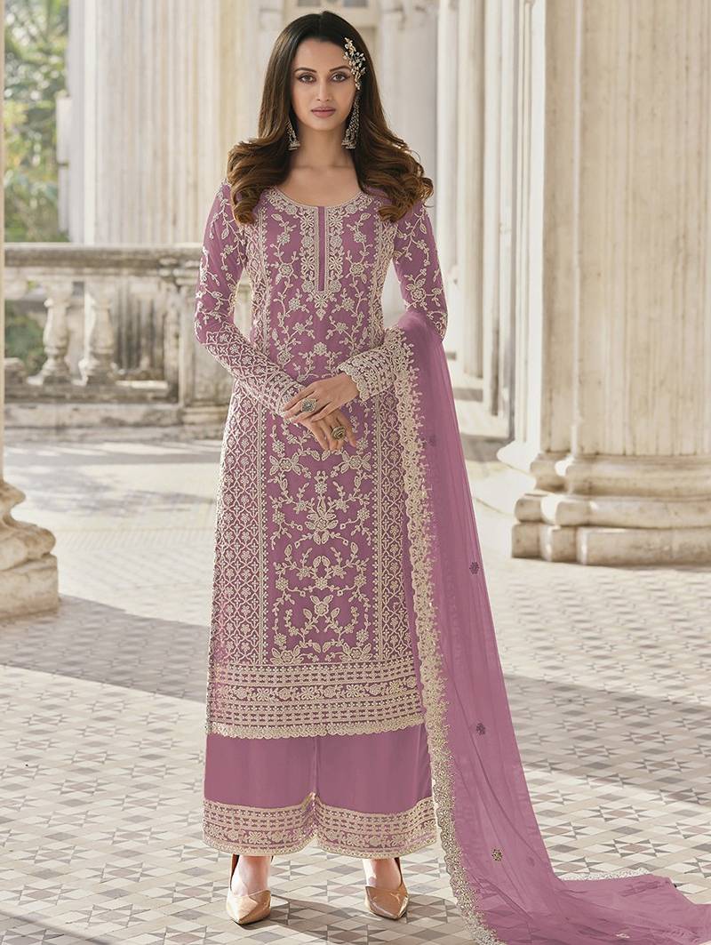 Pink net sequins work semi stitched size up to 42 salwar suits