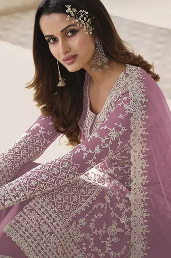 Pink net sequins work semi stitched size up to 42 salwar suits