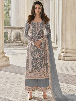 Grey net sequins work semi stitched size up to 42 salwar suits 1