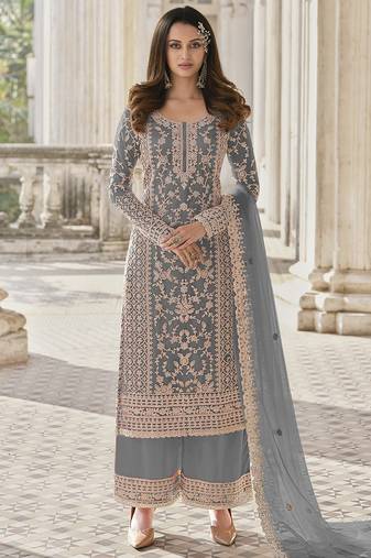Grey net sequins work semi stitched size up to 42 salwar suits