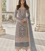Grey net sequins work semi stitched size up to 42 salwar suits