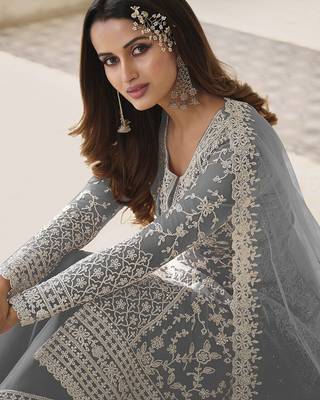 Grey net sequins work semi stitched size up to 42 salwar suits 2