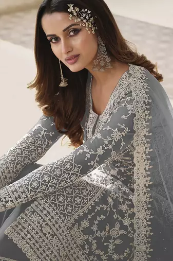 Grey net sequins work semi stitched size up to 42 salwar suits