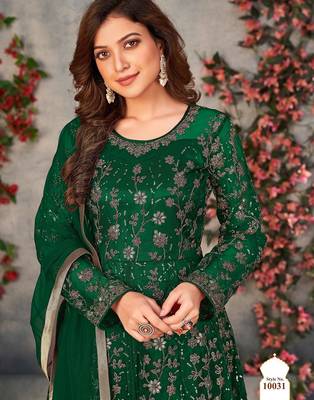Green net sequins work semi stitched size up to 42 salwar suits 1
