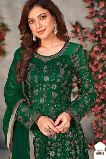 Green net sequins work semi stitched size up to 42 salwar suits