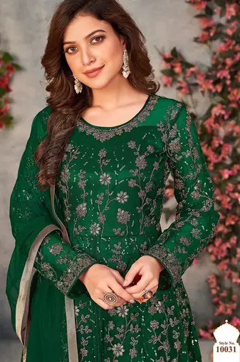 Green net sequins work semi stitched size up to 42 salwar suits
