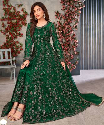 Green net sequins work semi stitched size up to 42 salwar suits 2