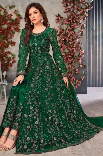 Green net sequins work semi stitched size up to 42 salwar suits