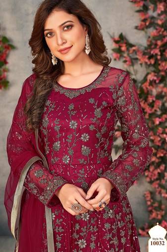 Maroon net sequins work semi stitched size up to 42 salwar suits
