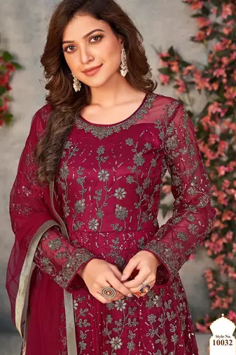 Maroon net sequins work semi stitched size up to 42 salwar suits